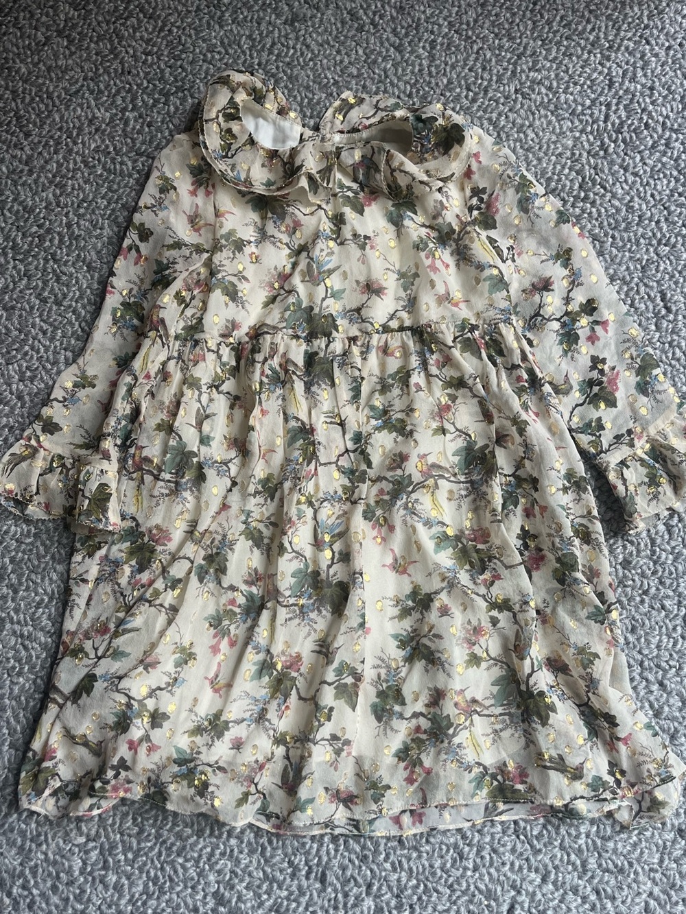 Bonpoint Ivory Floral Long-Sleeve Dress with Gold Accents